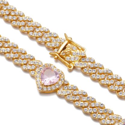 Cuban Link Chain Iced Out Paved Heart Shape Rhinestones CZ Bling Necklace 