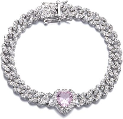 Cuban Link Chain Iced Out Paved Heart Shape Bling Bracelet 