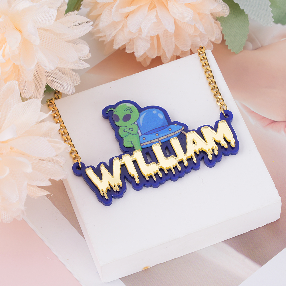 Personalized Custom Acrylic with Alien Spaceship Drip Letters Name Necklace