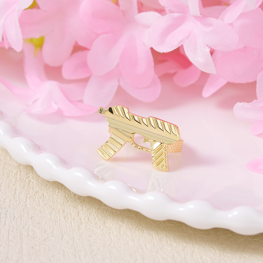 Gold Plated Diamond Cut UZI Gun Ring Personalized Engraved Ring 