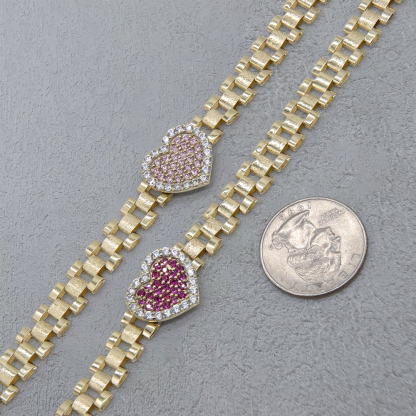 CZ Pink Heart Watch Band Chain Gold Plated Bracelet