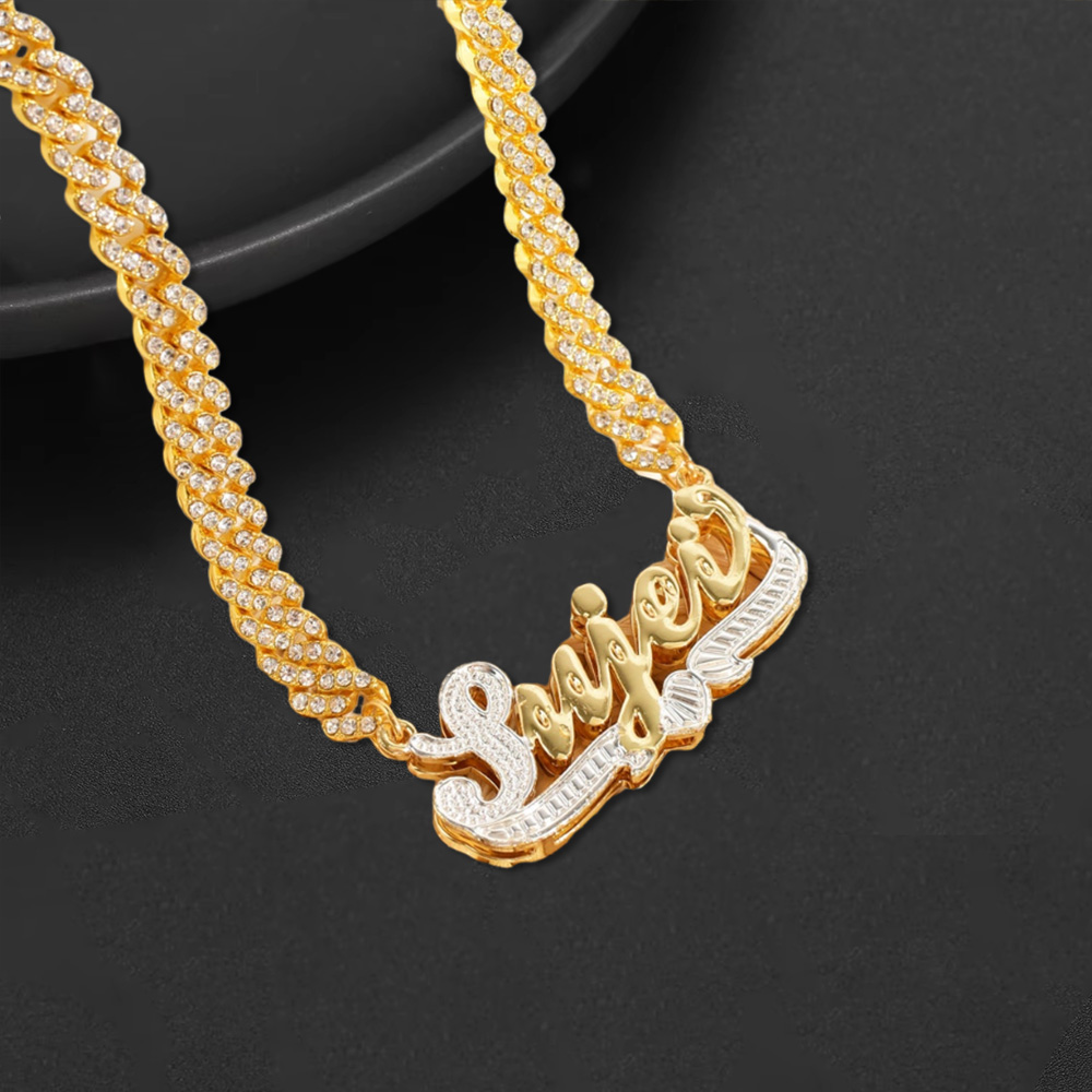 Iced Out Chain Two Tone Custom Double Plate Name Necklace
