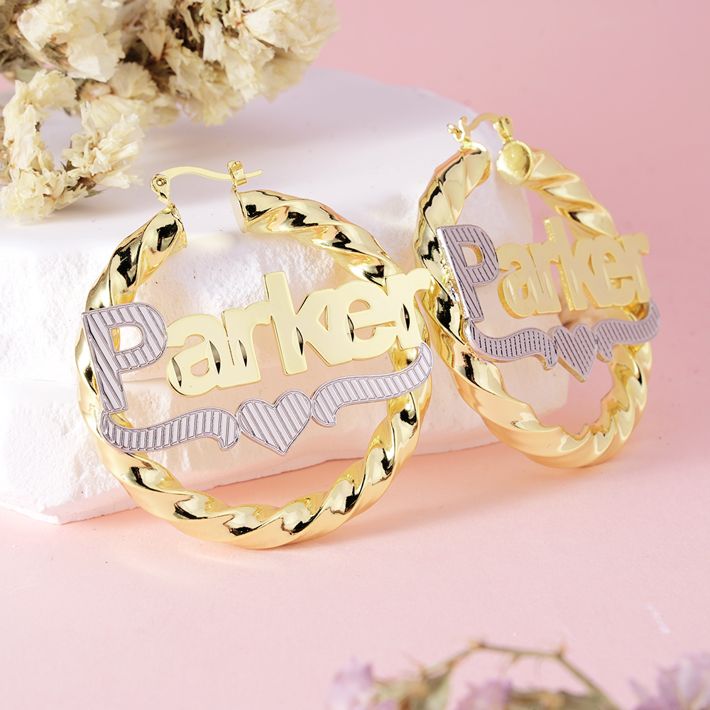 Two Tone Twist Hoop Name Earrings With Heart