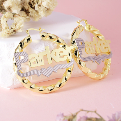 Two Tone Twist Hoop Name Earrings With Heart