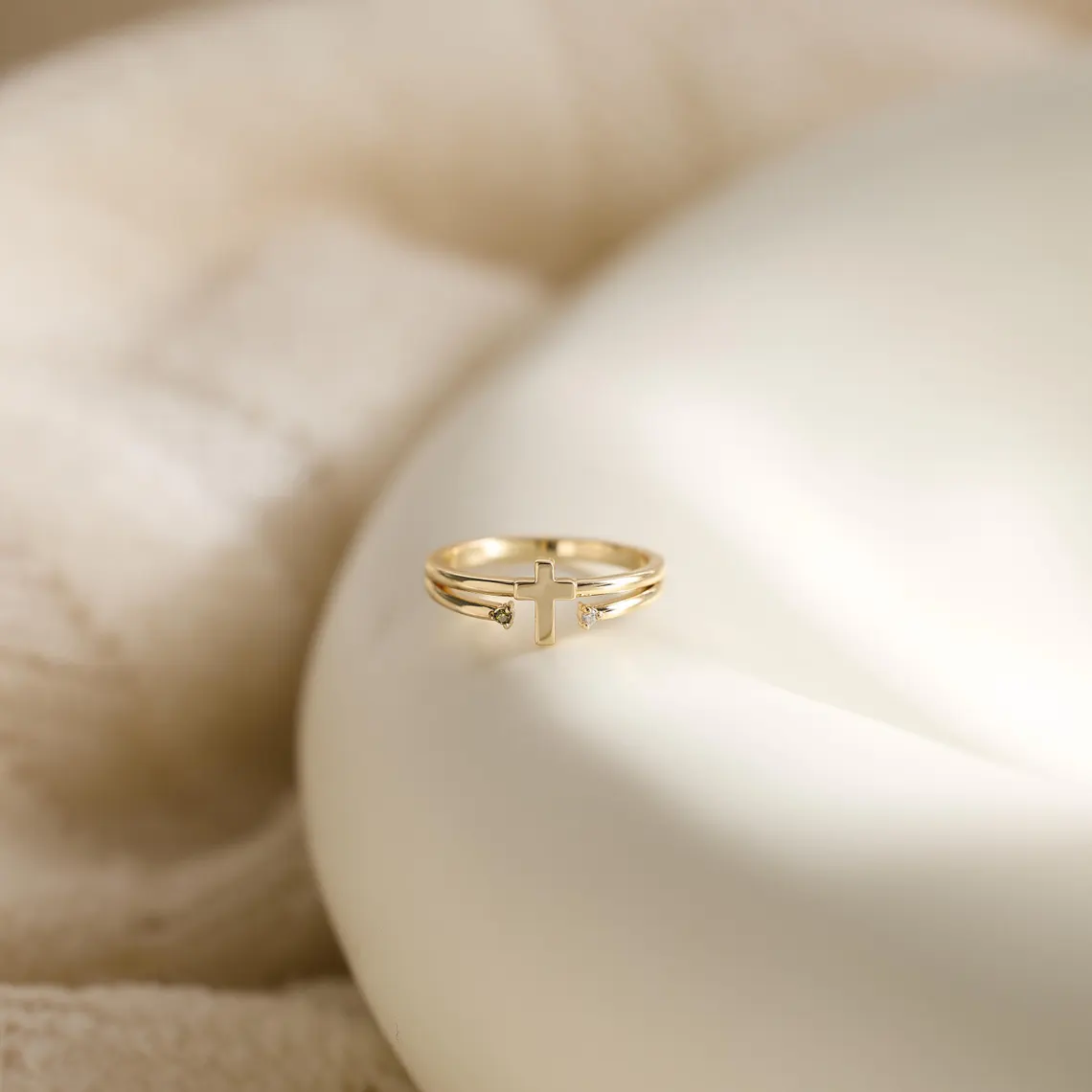 Personalized Two Birthstones Cross Ring Gold Plated