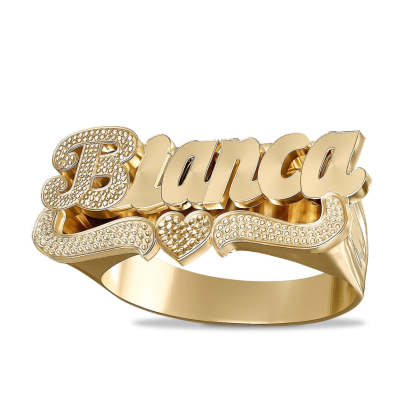 Two Tone Nameplate with Heart Personalized Custom Gold Plated Name Ring
