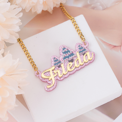 Christmas Tree Pink Acrylic Cuban Chain Custom Name Necklace 