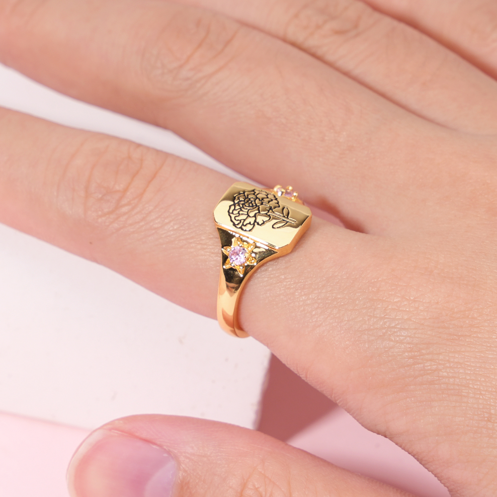 Personalized Engraved Family Birth Flower Bouquet Ring with 2 Birthstones