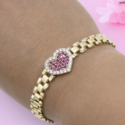 CZ Pink Heart Watch Band Chain Gold Plated Bracelet