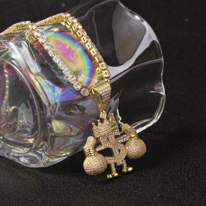 Iced Diamond Money Bag Crown Charm Pendant Gold Plated Necklace
