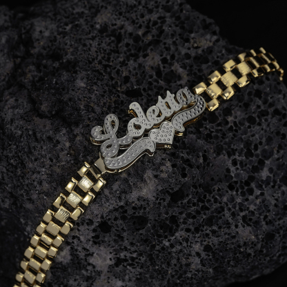 6mm Watch Band Chain Double Layer Two Tone with Heart Personalized Rolex Style Name Bracelet