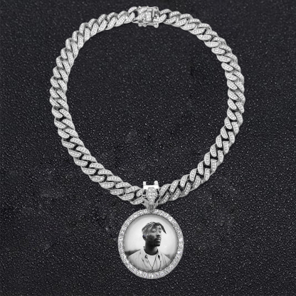 Iced Out Circle Pendant Necklace With Picture Inside