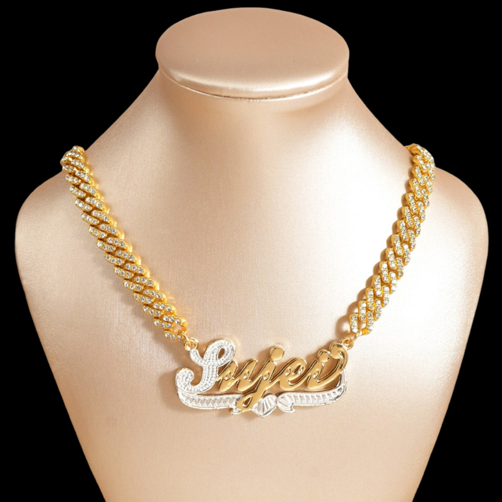 Iced Out Chain Two Tone Custom Double Plate Name Necklace