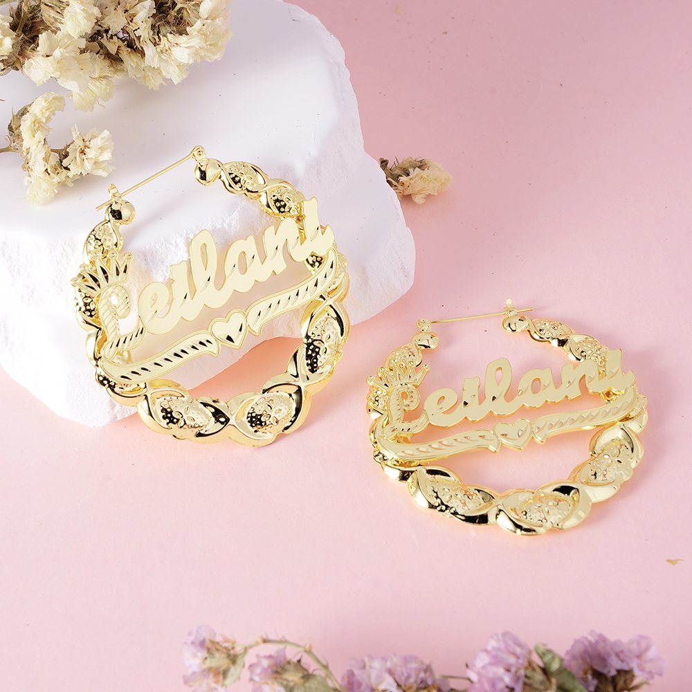 XOXO Bamboo Earrings with Crown Heart Personalized Custom Gold Plated Name Earrings