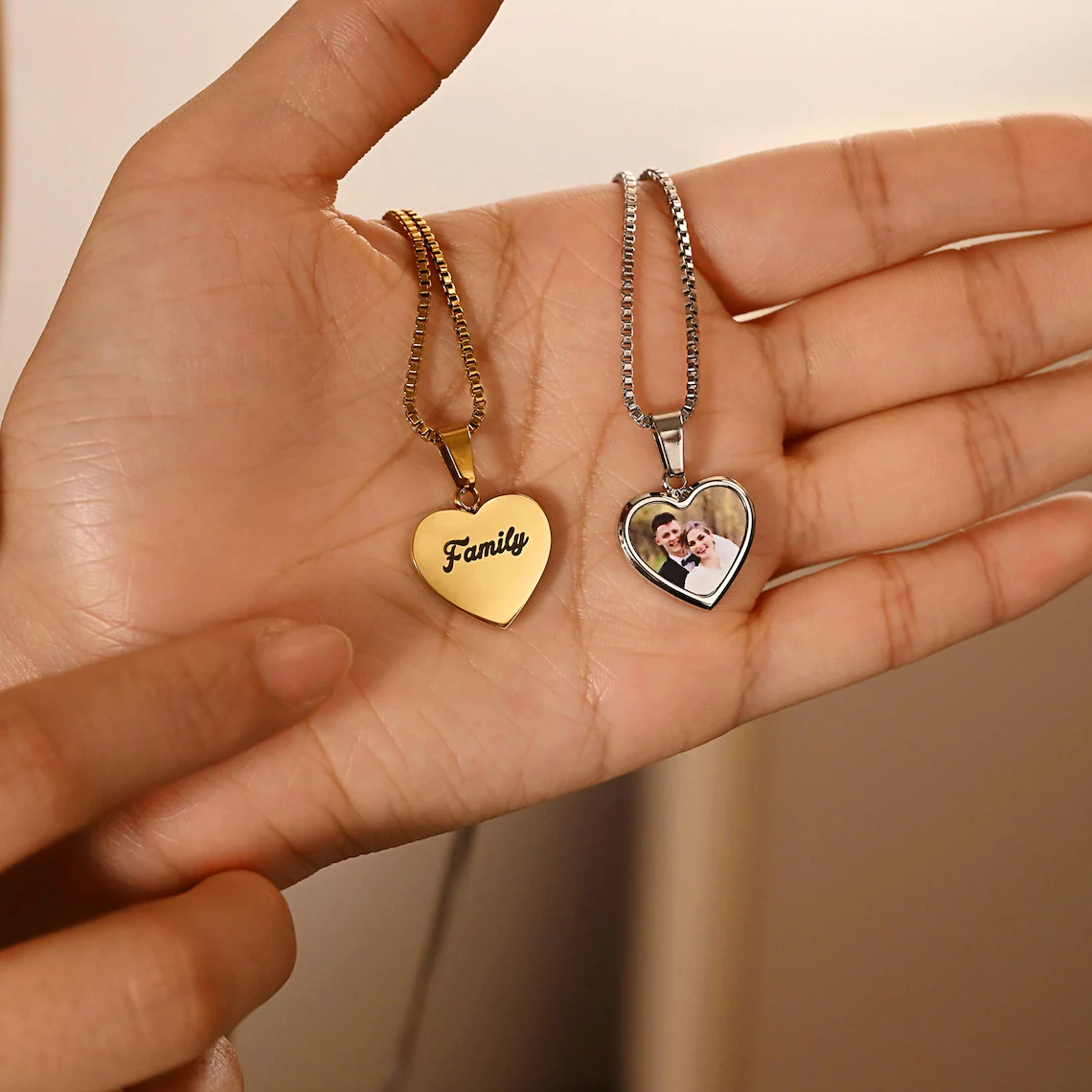 Personalized Heart Photo Pendant Engraving Name Necklace Box Chain