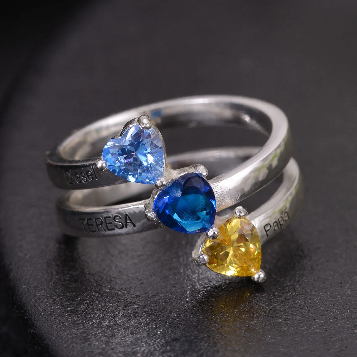Custom Three Heart Birthstone Engraved Name Ring Family Ring