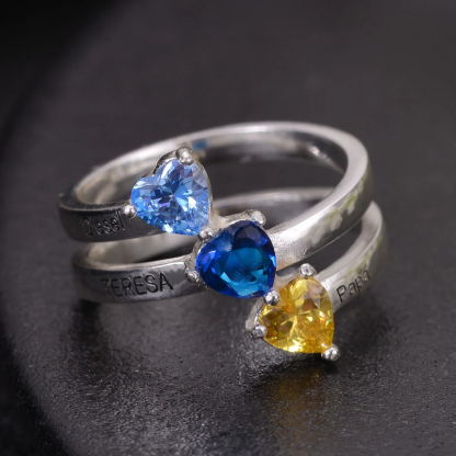 Custom Three Heart Birthstone Engraved Name Ring Family Ring