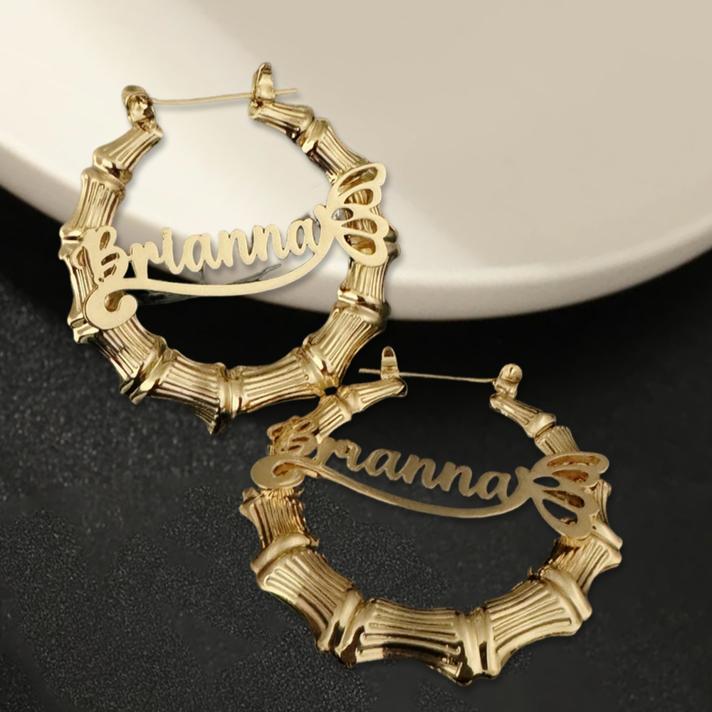 Bamboo Hoop Name Earrings Custom Earrings Women Gift