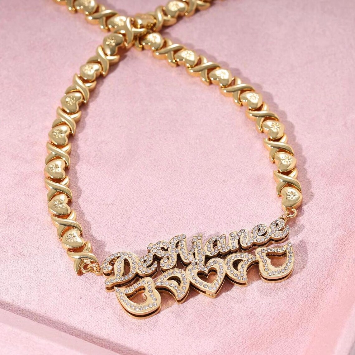 Custom Heart Xoxo Chain Double Layer Heart Name with Zircons Necklace