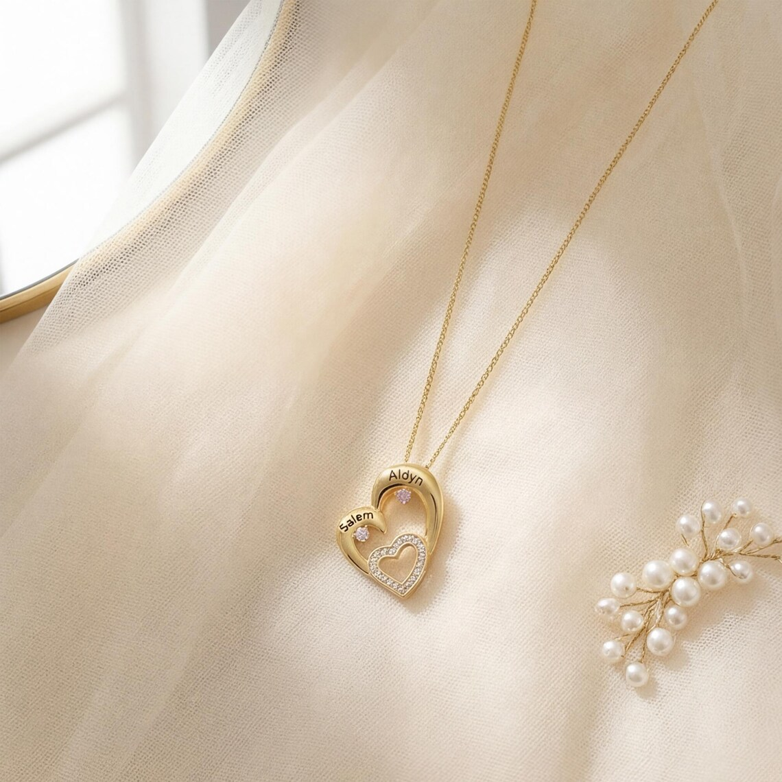 Custom Zirconia Heart Pendant with Two Engraved Names and Birthstones Necklace