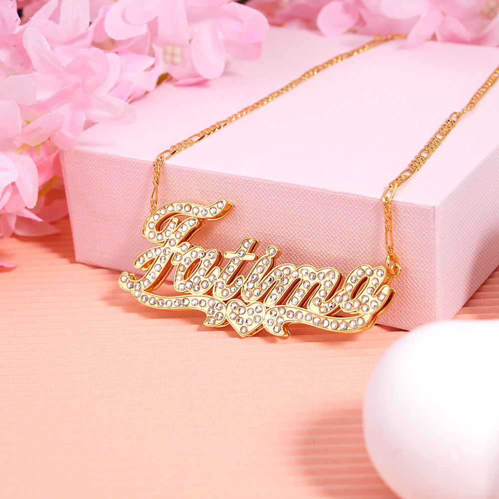 Double Layer Heart Inlaid Zircon Personalized Custom Gold Plated Name Necklace
