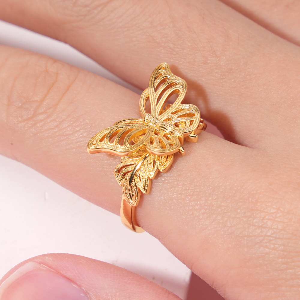 Leaf Butterfly Ring Personalized Gold Plated Engraved Ring