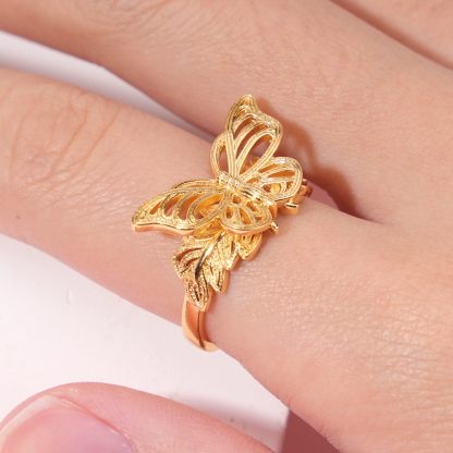 Leaf Butterfly Ring Personalized Gold Plated Engraved Ring