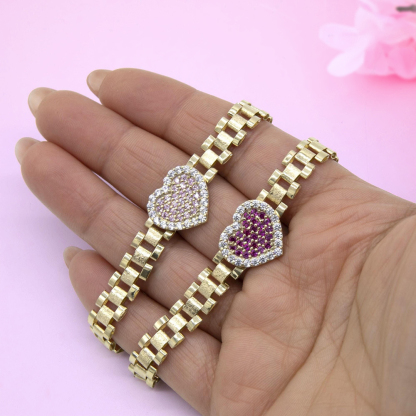 CZ Pink Heart Watch Band Chain Gold Plated Bracelet