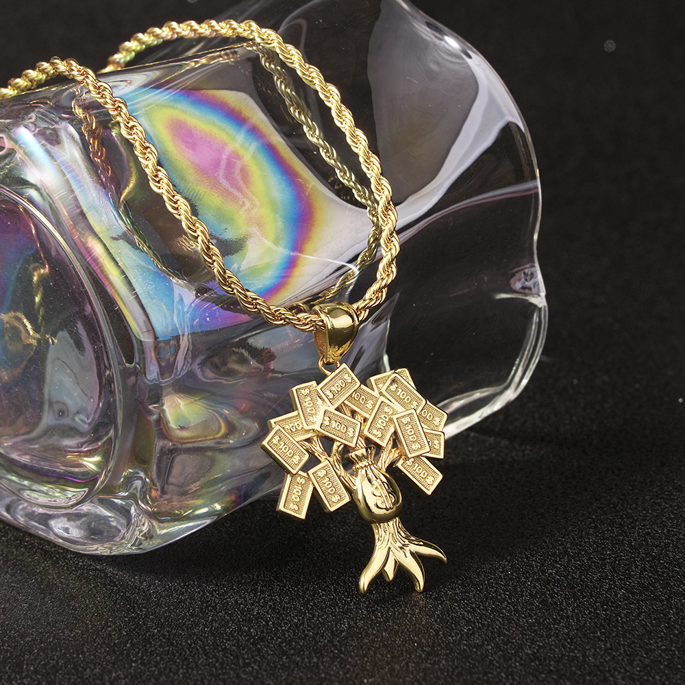 Gold Plated Money Bag Hundred Dollar Tree Lucky Pendant Necklace