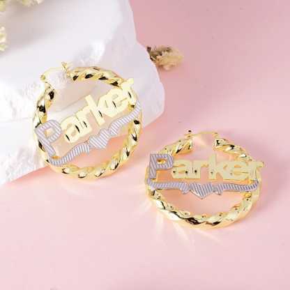 Two Tone Twist Hoop Name Earrings With Heart