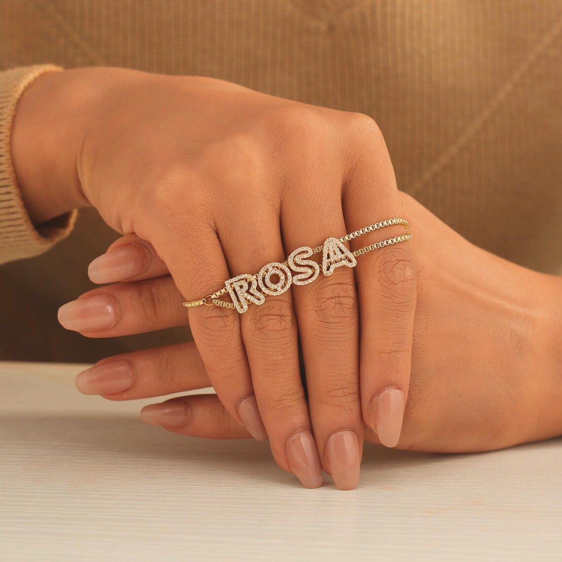 Custom Shiny Hollow Letter Diamond Cut Name Bracelet Box Chain