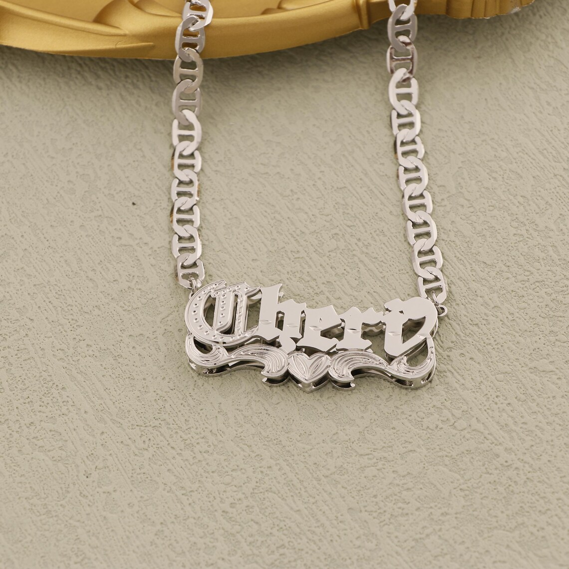 Custom Old English Double Layer Heart Name Necklace Mariner Chain