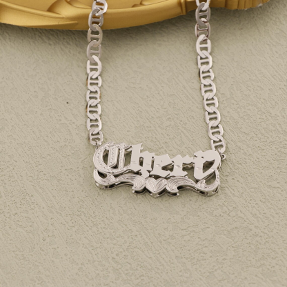 Custom Old English Double Layer Heart Name Necklace Mariner Chain