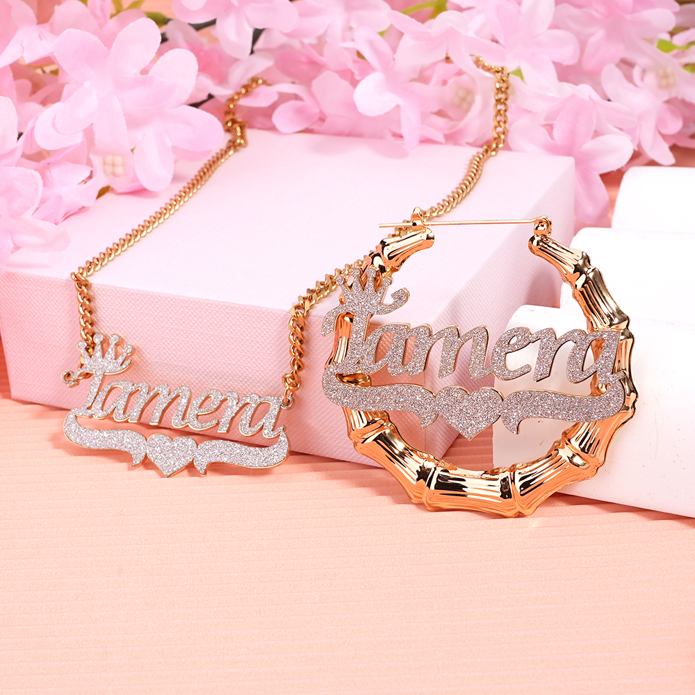 Crown Acrylic Heart Pendant Personalized Name Necklace And Name Earrings Set