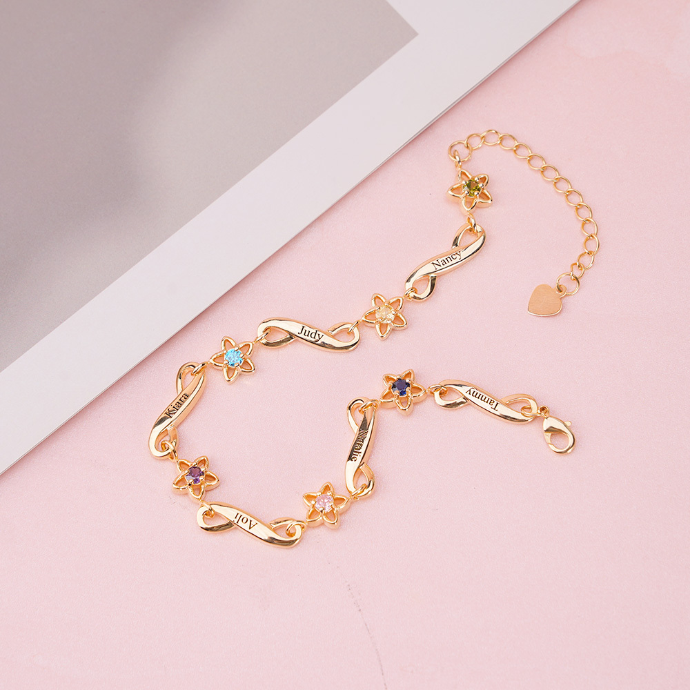 Custom Engraved Birthstone 2-6 Names Personalized Bracelet Family Gifts