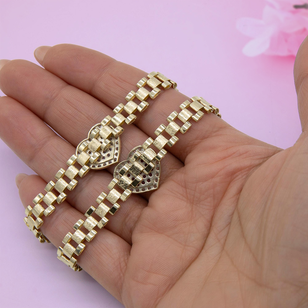 CZ Pink Heart Watch Band Chain Gold Plated Bracelet