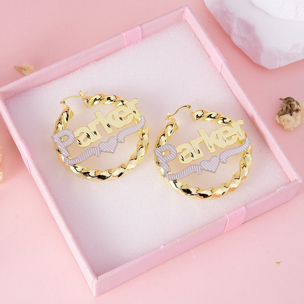 Heart Set Custom Double Plate Two Tone Necklace And Hoop Name Earrings