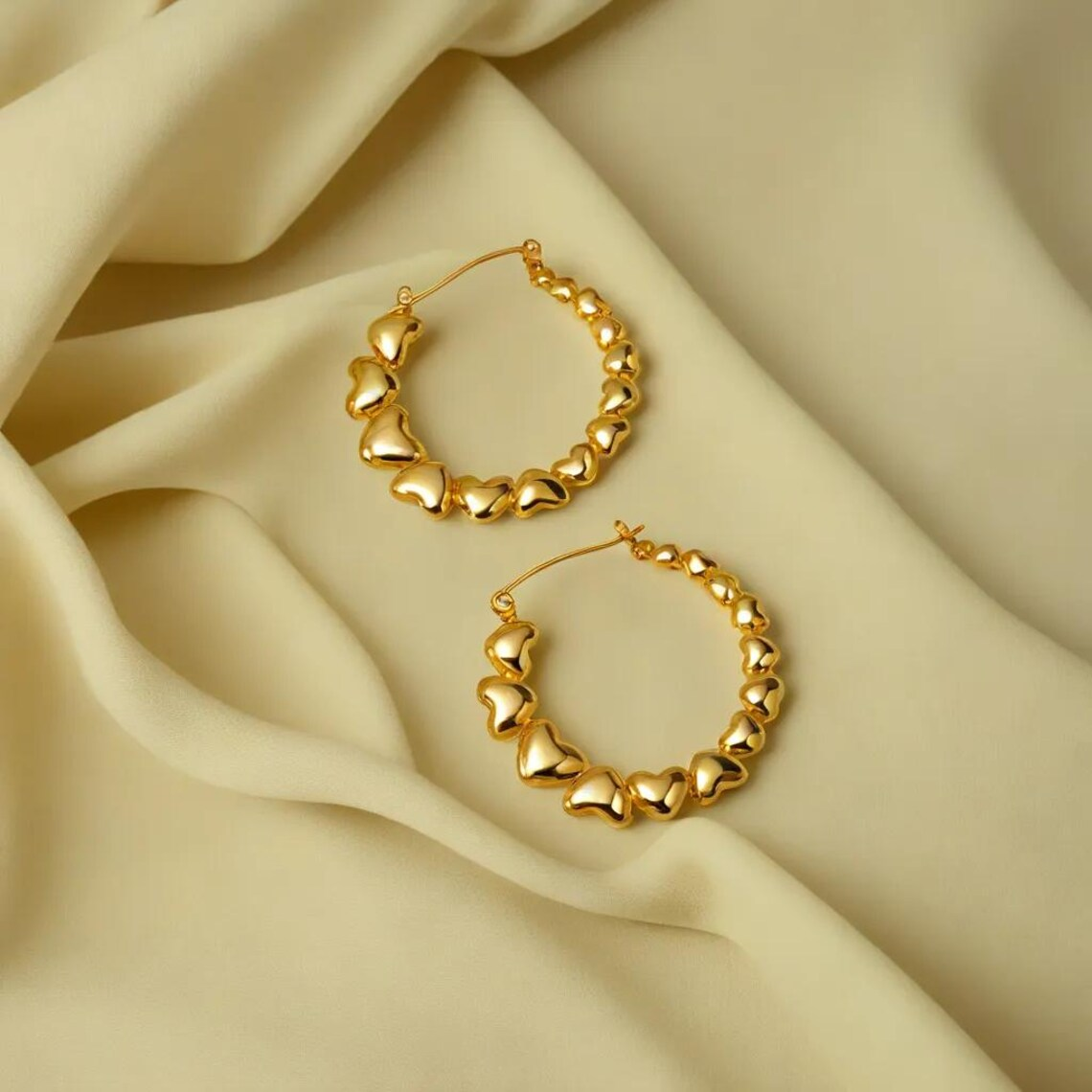 Woman 35mm Gold Filled Puffed Heart Hoop Earrings Stainless Steel