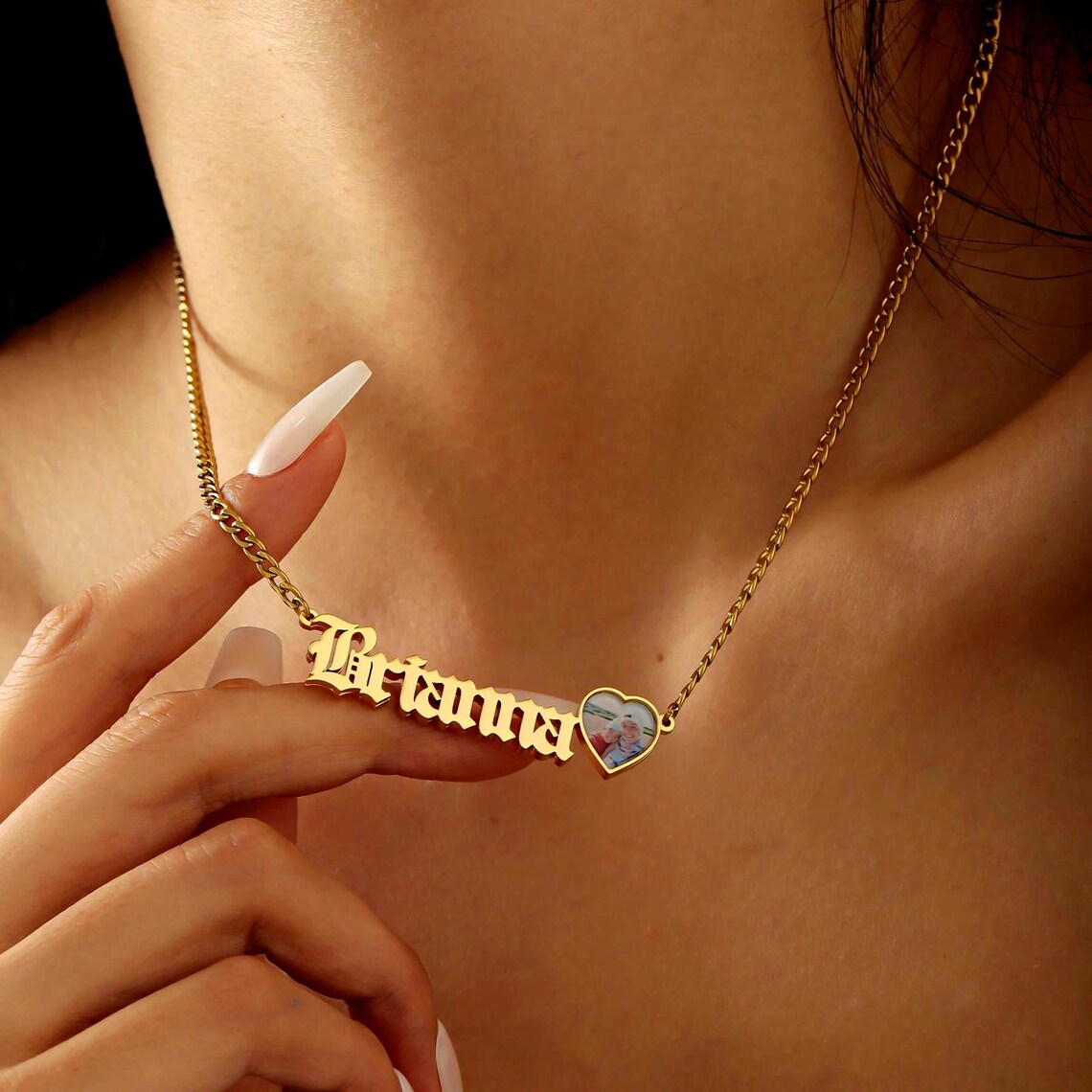 Custom Old English Font Nameplate with Heart Photo Necklace