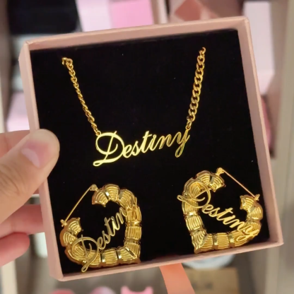 Personalized Name Necklace and Heart Shaped Name Bamboo Earrings Set