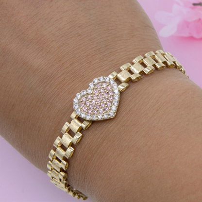 CZ Pink Heart Watch Band Chain Gold Plated Bracelet