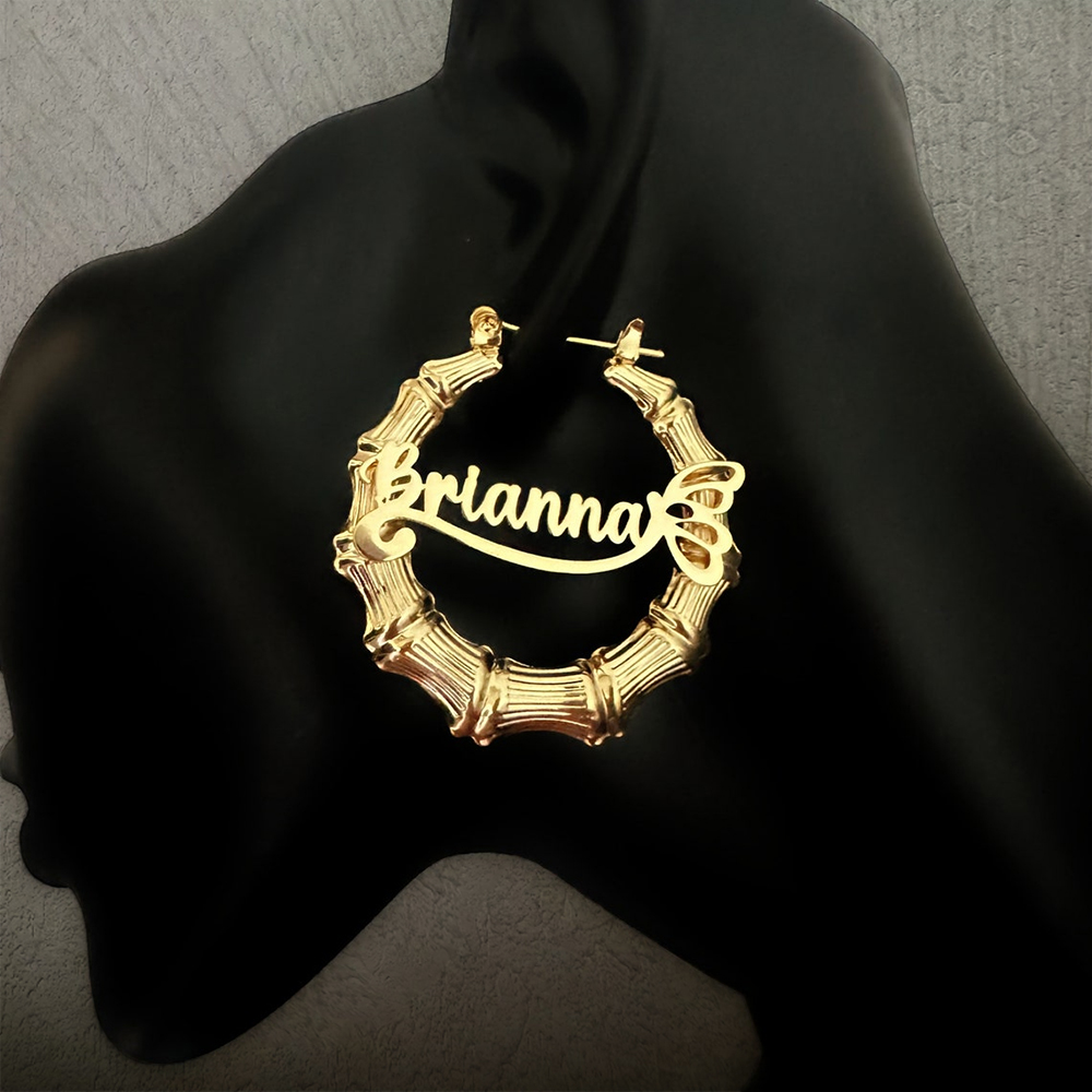 Bamboo Hoop Name Earrings Custom Earrings Women Gift