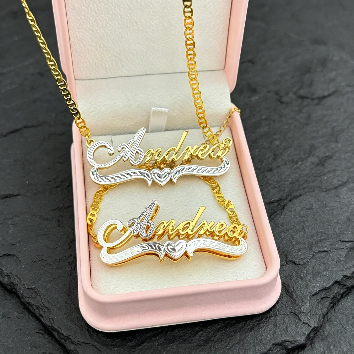 Mariner Chain Custom Two Tone Heart Name Necklace Bracelet Stud Earrings Set 3pcs