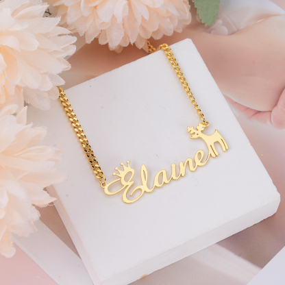 Personalized Elk Crown Nameplate Pendant Cuban Chain Name Necklace