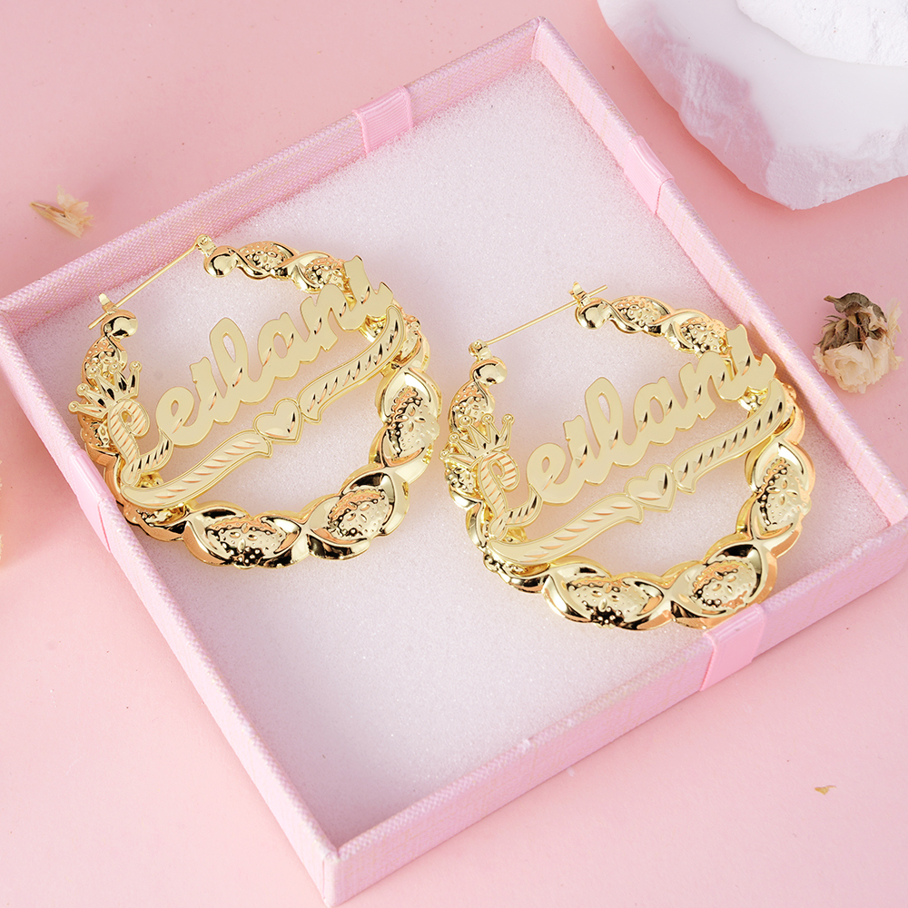 XOXO Bamboo Earrings with Crown Heart Personalized Custom Gold Plated Name Earrings