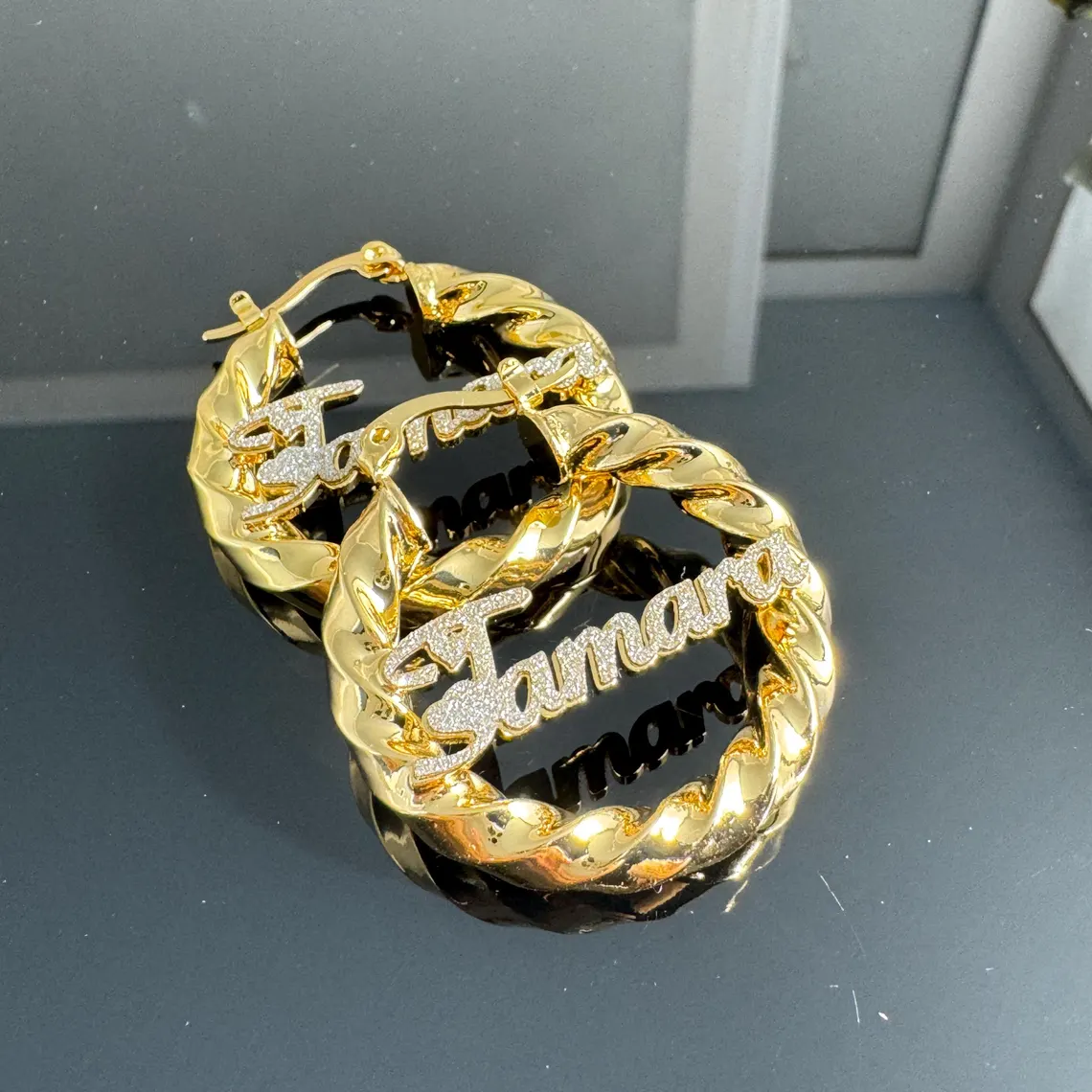 Shinny Heart Nameplate Custom Twist Hoop Earrings