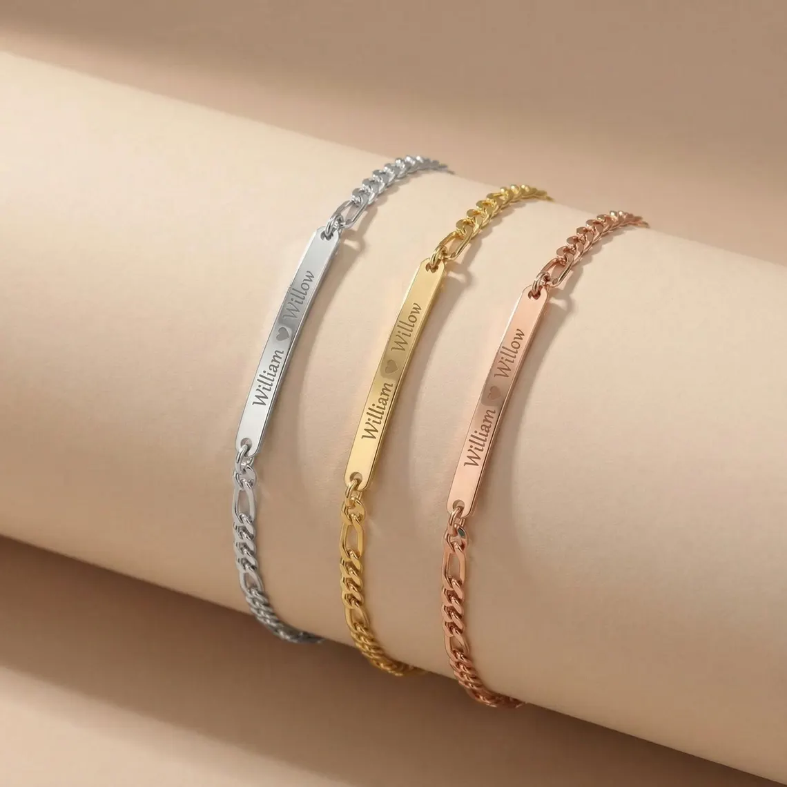 Figaro Chain Engraved Bar Couple Name Bracelet Couple Bracelet