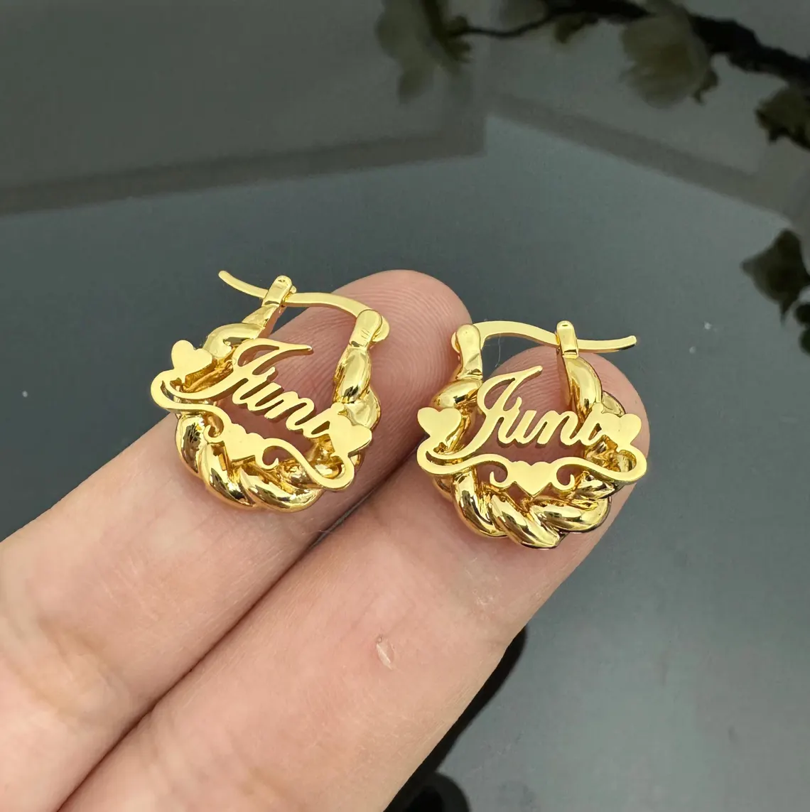 Three Hearts Nameplate Mini Hoop Earrings Baby Gifts