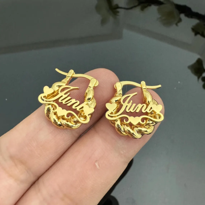 Three Hearts Nameplate Mini Hoop Earrings Baby Gifts