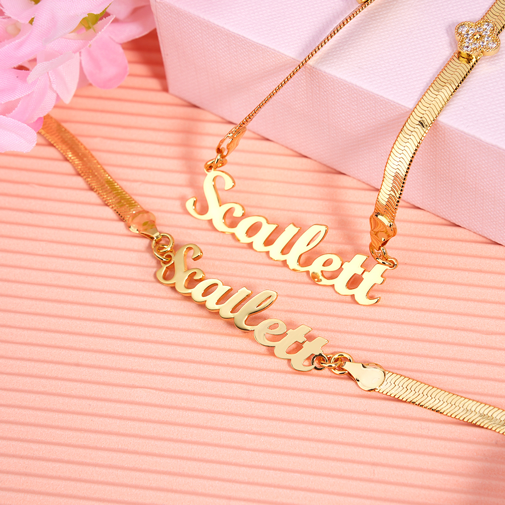 Personalized Snake Chain Four-leaf Clover Set Name Necklace And Name Bracelet 